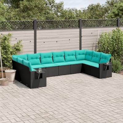 vidaXL 10 Piece Patio Sofa Set with Cushions Black Poly Rattan