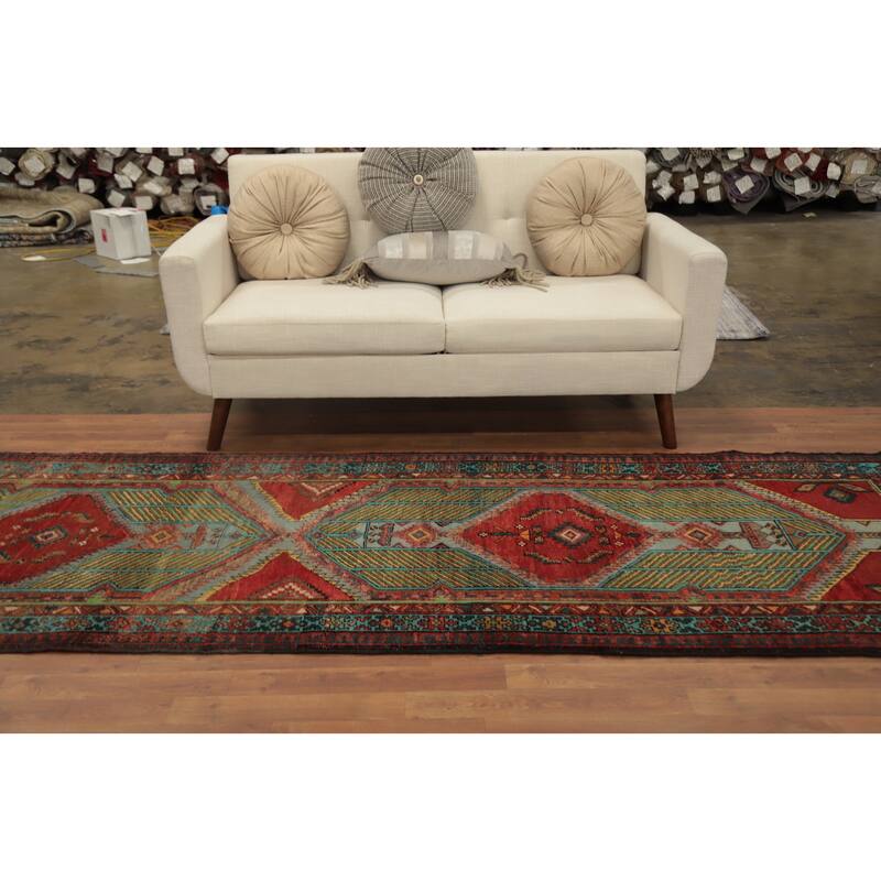 Hand Knotted Oriental 100% Wool Carpet Traditional Geometric Multi-Colored Ardebil Runner Rug - 10' 10'' X 3' 6''