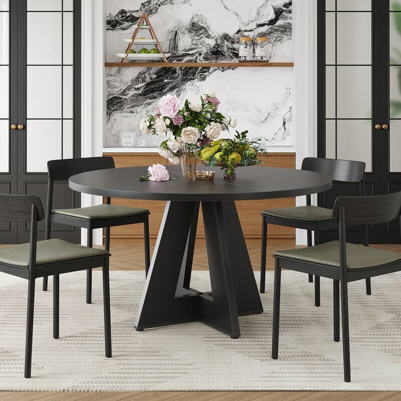 47" Round Dining Table for 4-7 People, Modern Wood Kitchen Table with Metal Base, Large Round Dinner Table