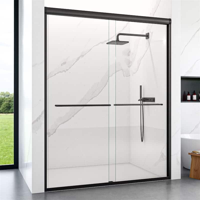 Semi-Frameless Double Tempered Glass Sliding Shower Door,1/4" Thick - Matte Black