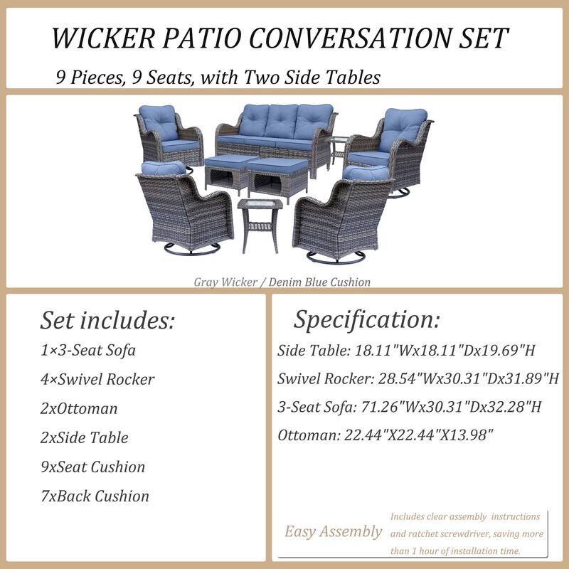 Outdoor Wicker Patio Conversation Seating Sofa Sets with Swivel Chairs