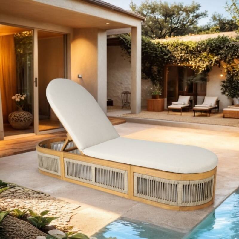 78.8" Acacia Wood Lounger Elegant Daybed with Adjustable Recline and Rope Design - Beige