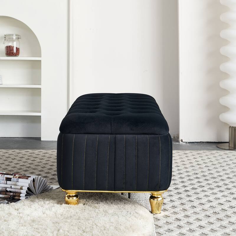 Velvet Fabric Storage Ottoman, Upholstered Button Tufted Storage Bench, End of Bed Bench with Safety Hinge & Metal Legs