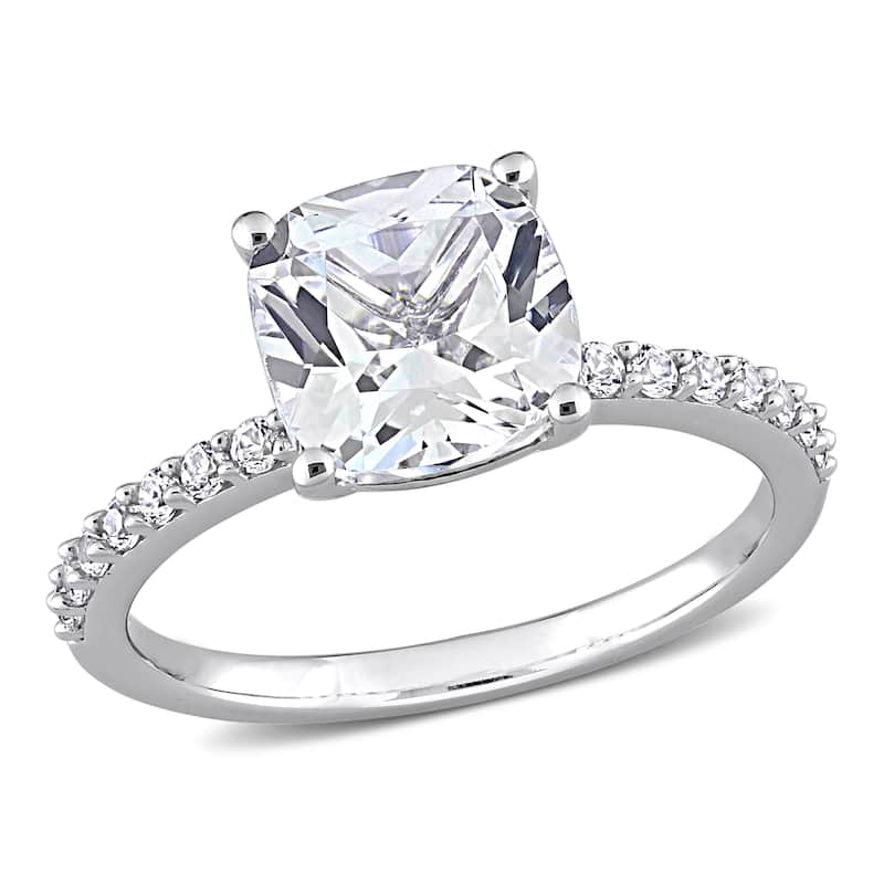 Miadora Cushion-cut Created White Sapphire Engagement Ring in 10k White Gold