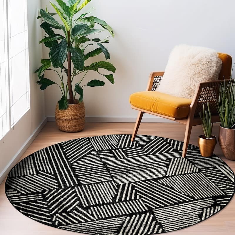 World Rug Gallery Contemporary Boho Stripes Black Area Rug - 6' 6" ROUND
