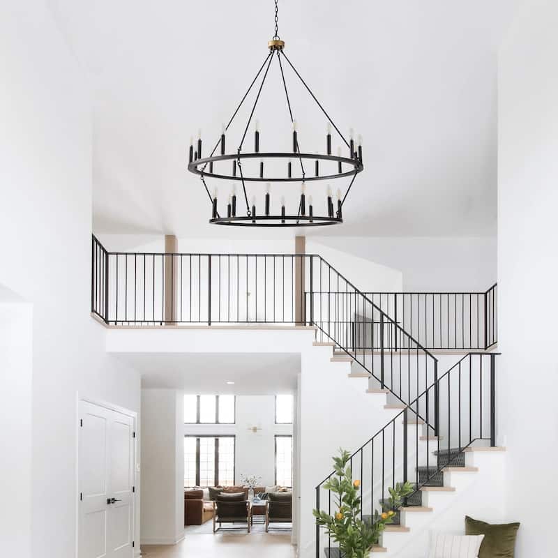 Black Industrial 28-Light Wagon Wheel 2-Tier Candle Style Chandelier