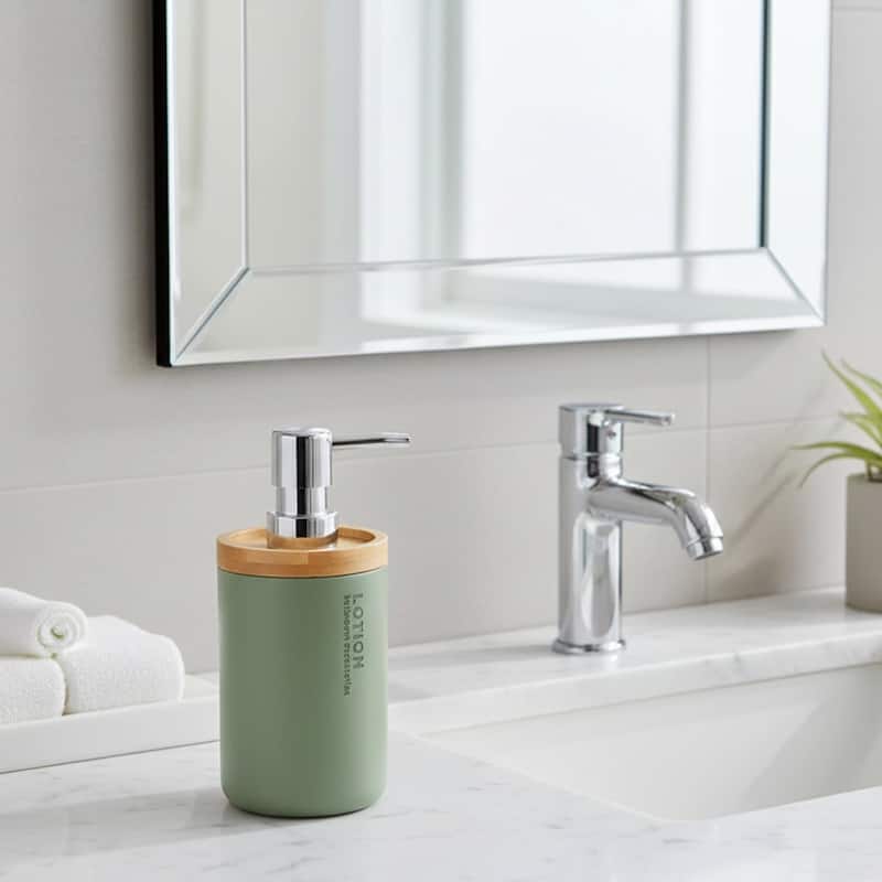 Elegant Soap Dispenser - Polyresin and Bamboo Design, Refillable Liquid Pump - 3 L x 3 W X 7 h - Green