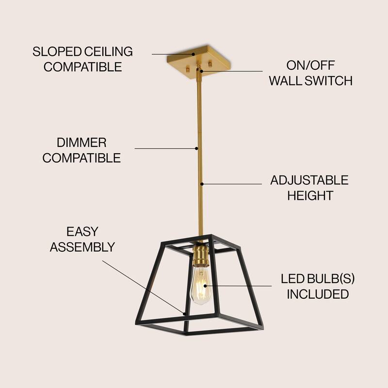 Lloyd 9.25" 1-Light Farmhouse Industrial Iron LED Pendant, Black/Brass Gold by JONATHAN Y