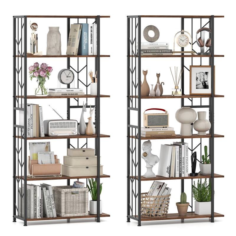 Gymax 2PCS 6-Tier Bookshelf w/Heavy-duty Metal Frame2 Anti-tipping - Rustic Brown, Black