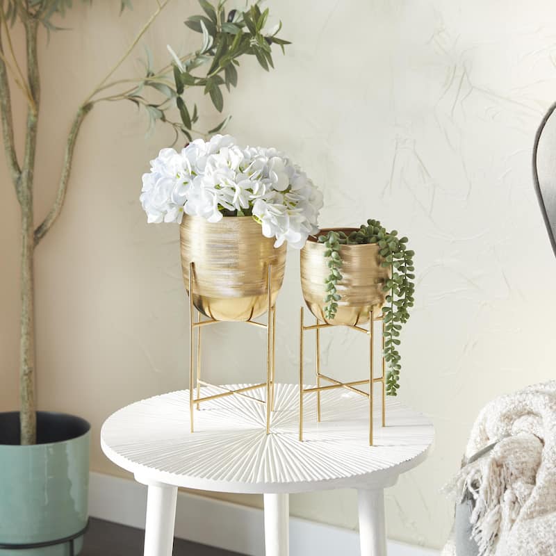 Metal Indoor Outdoor Planter with Removable Stand - Set of 2 Silver, Gray, Gold - Roche River Decor