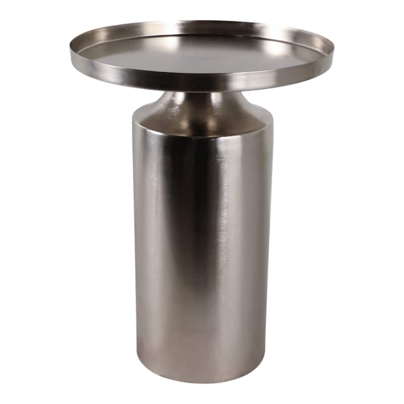 Iron Side Table Cylindrical Base Round Tray Top Narrow - 19" Silver - 14" x 14" x 19.25"