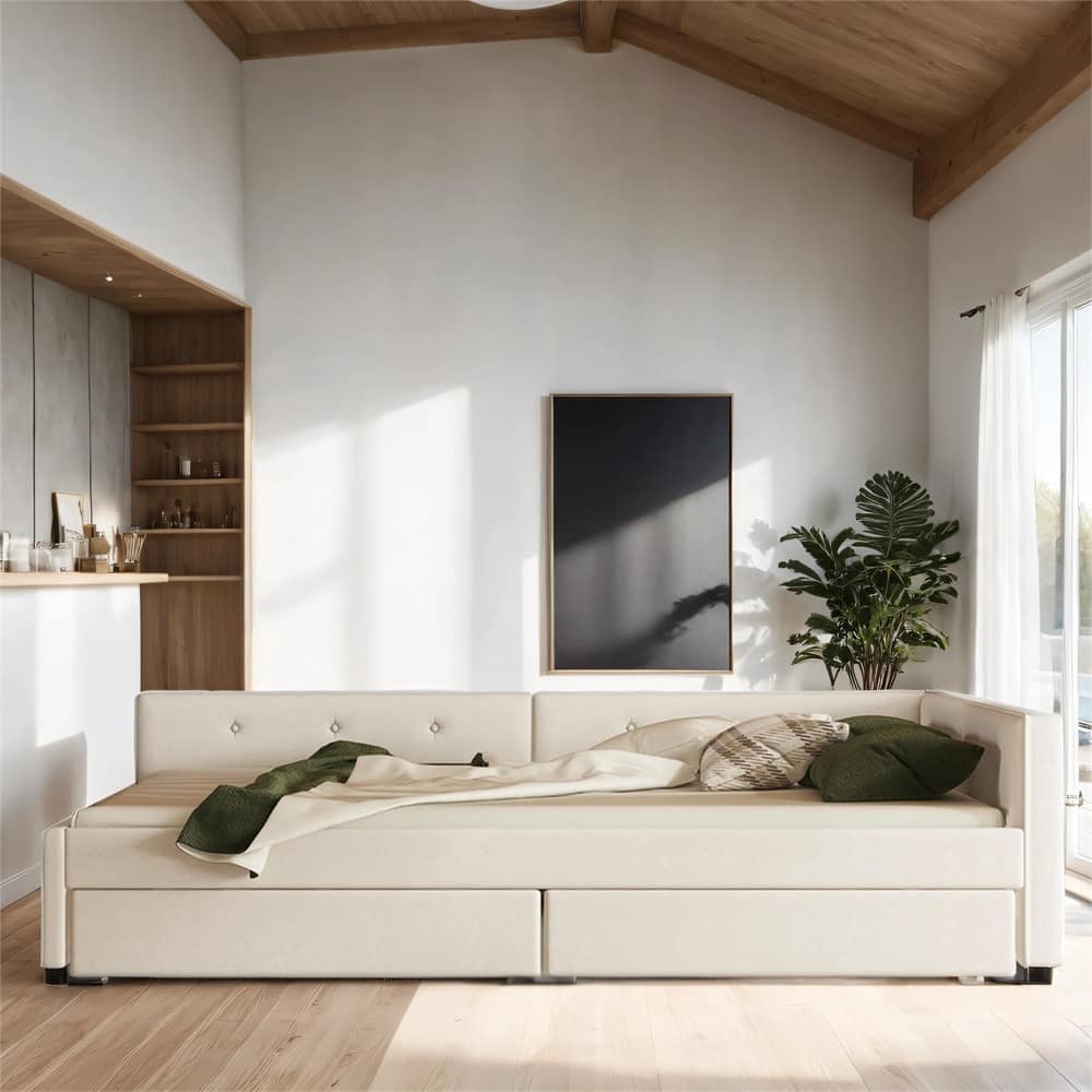 Linen Upholstered Platform Bed with USB and 2 Drawers
