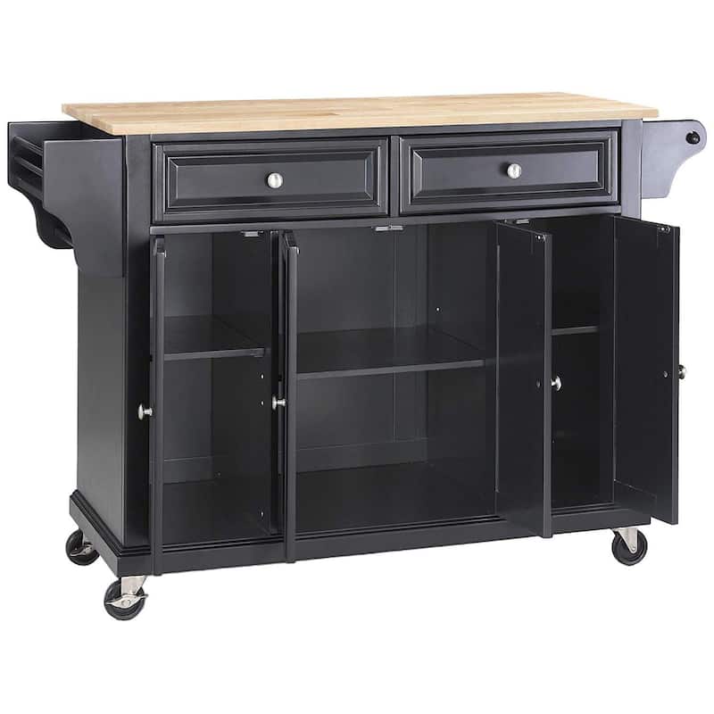 Full Size Kitchen Cart with Stainless Steel Top - Mobile Island with Tiered Shelf & Storage