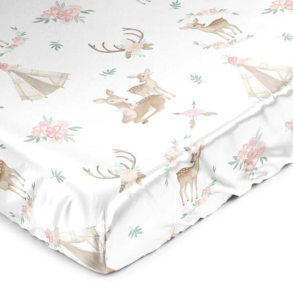 slide 2 of 6, Sweet Jojo Designs Woodland Deer Floral Girl Satin Fitted Crib Sheet Pink Green Boho Watercolor Bohemian Animal Shabby Chic