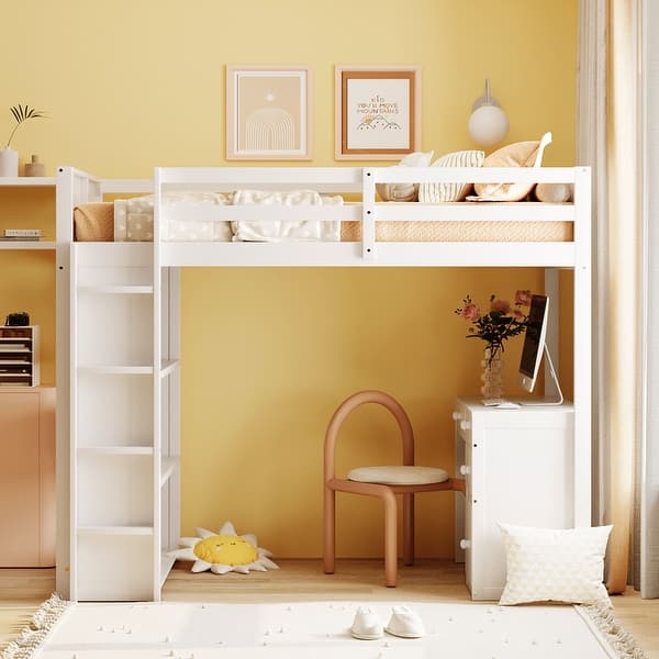 slide 2 of 20, Twin Size Loft Bed with Ladder, Shelves, Solid Wood Loft Bed Frame with 4-Drawers Desk, Box Spring No Required White