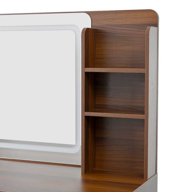 Retro Rattan Makeup Vanity Desk with 5 Drawers and Storage Shelf, Dressing Table with Rectangular Mirror and Touch Light