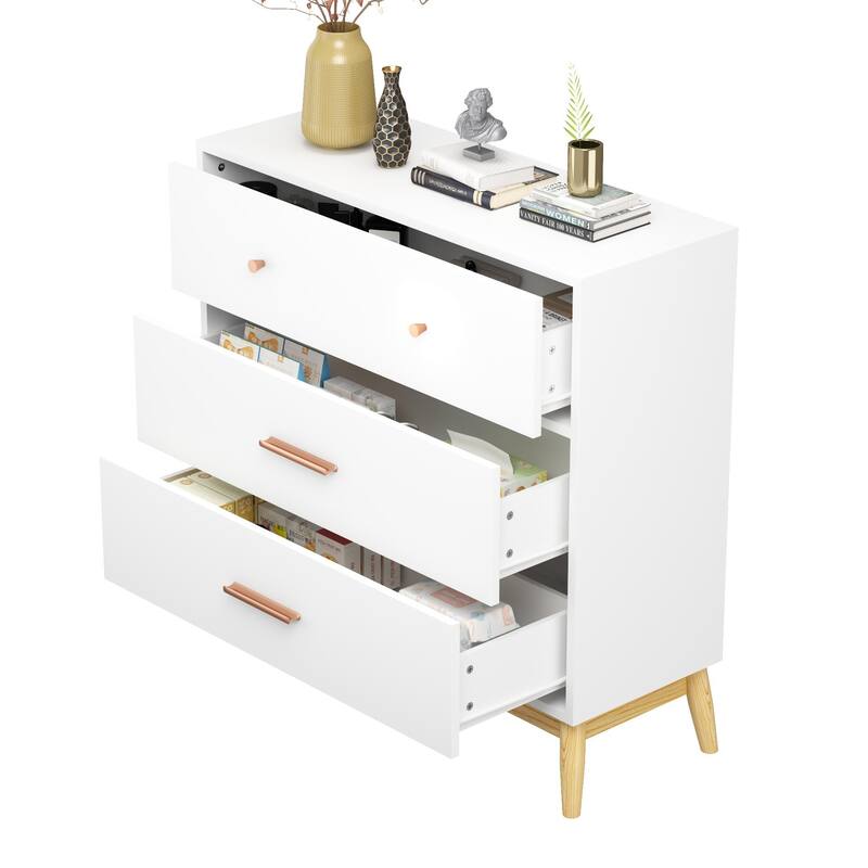 Nordic Style 3-Drawer Storage Cabinet, Modern White Chest of Drawers with Rose Gold Handles & Solid Wood Base