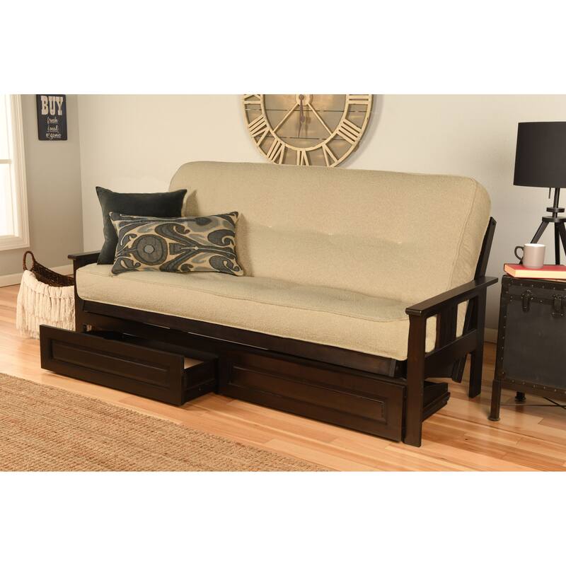 Porch & Den DeSoto Espresso Full-size Wood Storage Futon Set with Mattress - Canton Cream