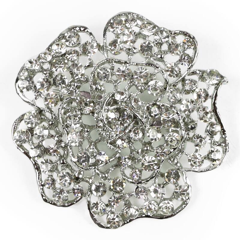 Set of 2 Silver Rose Crystal Rhinestone Brooch Pin Decorative Accent Piece 2.25in - 2.25" H x 2.25" W x 0.5" DP