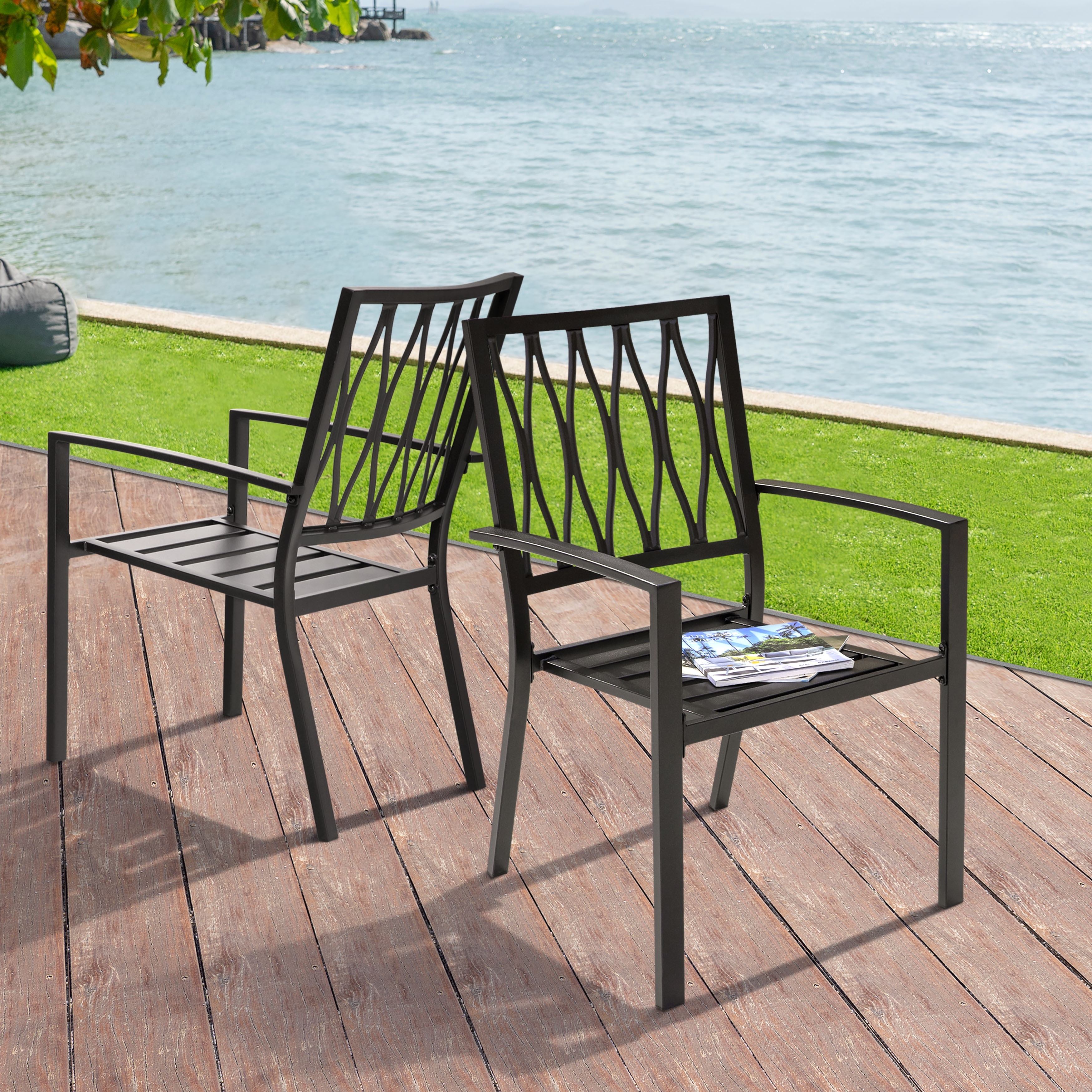 Outdoor 2 Piece Patio Chair Set Iron Finish Black with Gold
