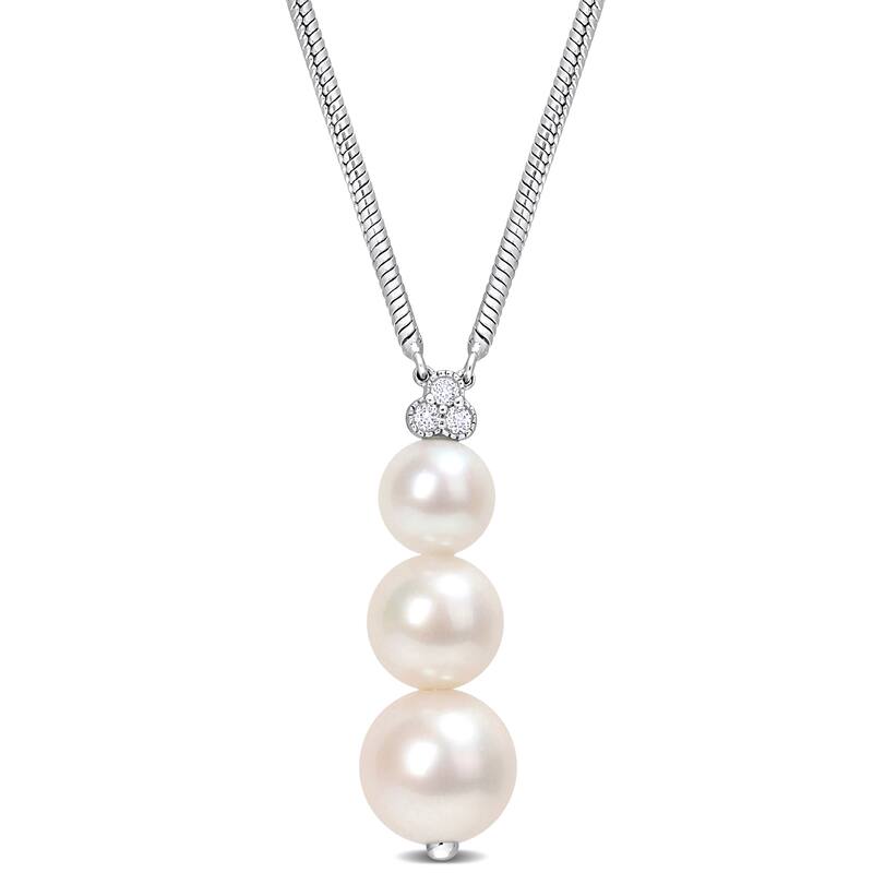 Miadora 6-8.5mm Cultured Freshwater Pearl and 1/10ct TGW White Topaz Graduated Sterling Silver-18 in