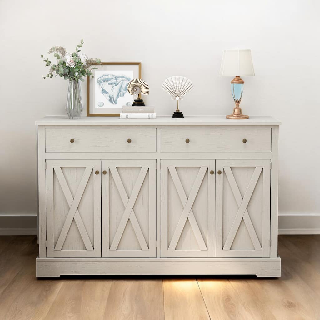 Vintage Sideboard Storage Cabinet with Two Drawers and Four Doors, Adjustable Shelves, for Living Room, Dining Room