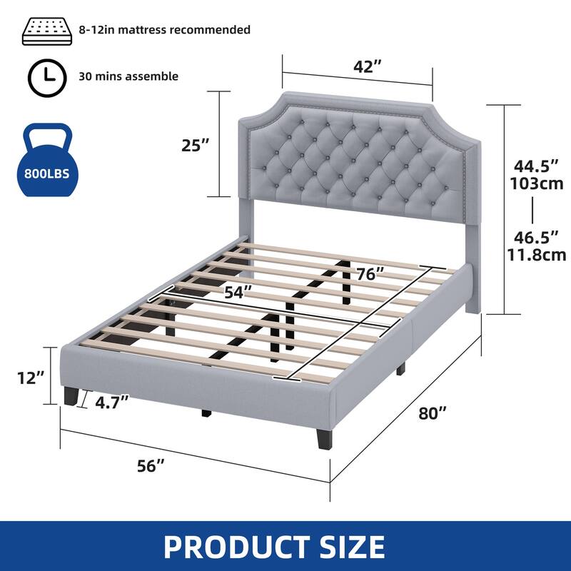 Moasis Linen Upholstered Platform Bed Velvet Bed Frame with Adjustable Headboard