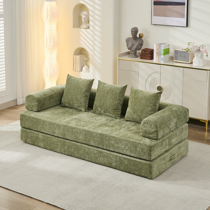 Chenille Floor Sofa Bed - Foldable Mattress Couch with Armrests, Convertible Lounge Chair for Living Room, Bedroom or Studio