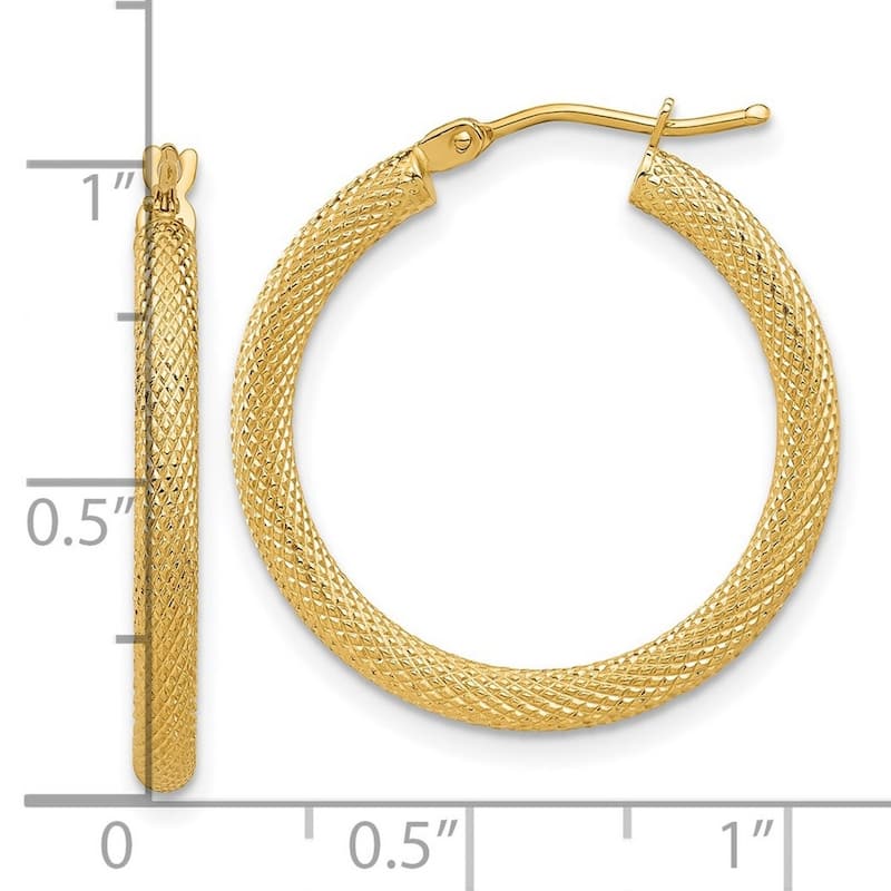 Curata 14k Yellow Gold Polished and Textured Round Hoop Earrings - 24.75x25.09mm