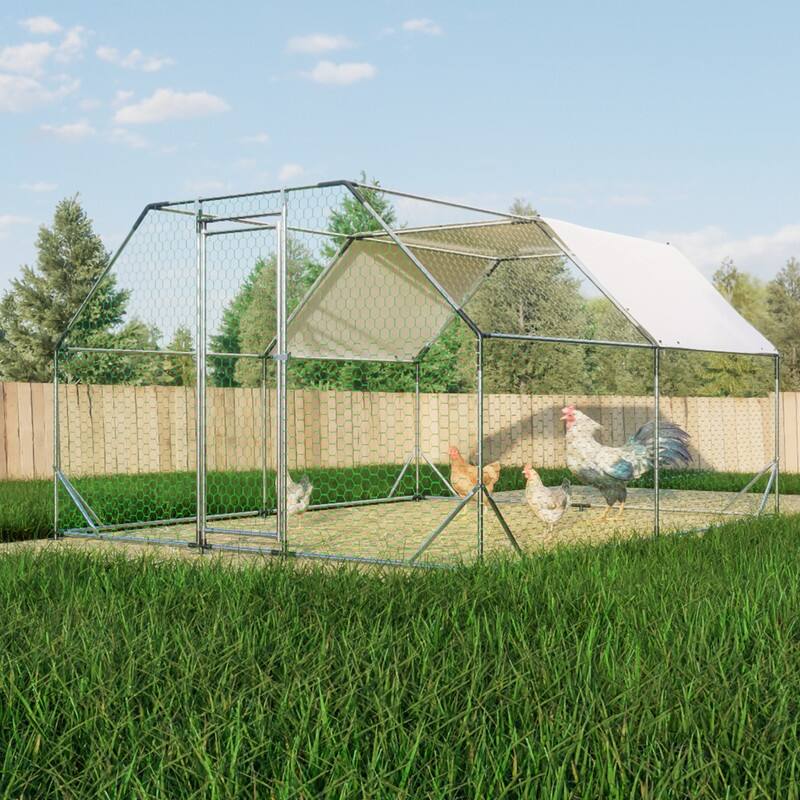 Large Walk-In Metal Chicken Coop – Flat-Shaped Poultry Cage Run with Waterproof Cover‌ - Silver