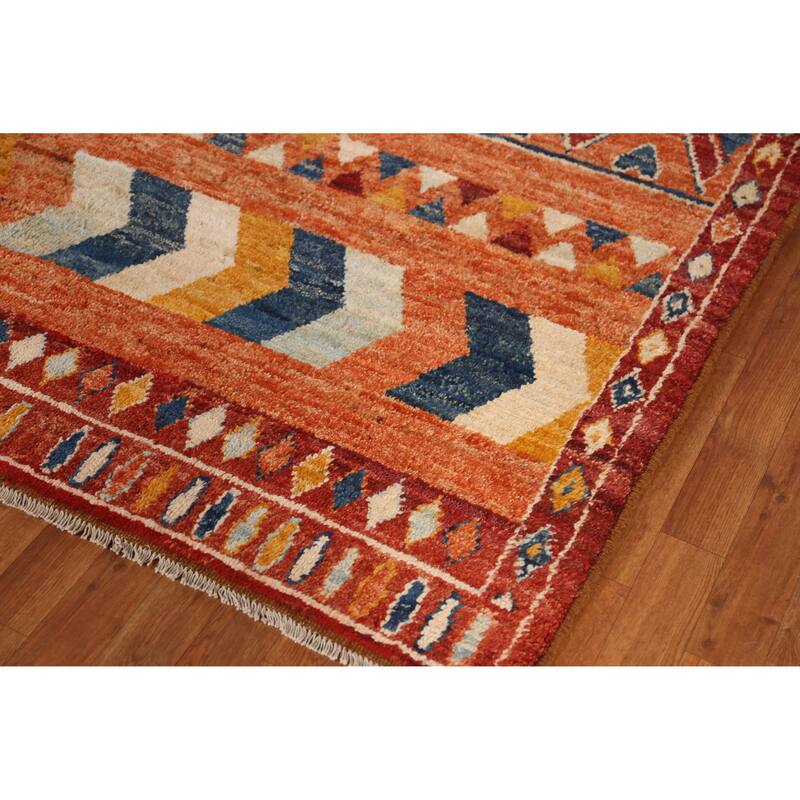 Orange Tribal Geometric Moroccan Rug Hand-Knotted Wool Carpet - 6'7" x 9'6"