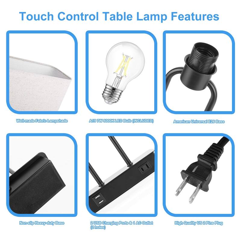 Bedside Touch Control Table Lamp with Dual USB Charging Ports 1 AC Outlet, 3 Way Dimmable Modern Nightstand Lamp
