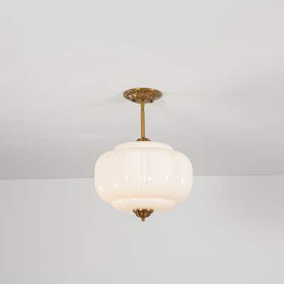 1-Light Retro Antique Brass Pumpkin Shaped Semi-Flush Mount Light/Pendant with Milk/Green Glass for Kitchen, Dining Room
