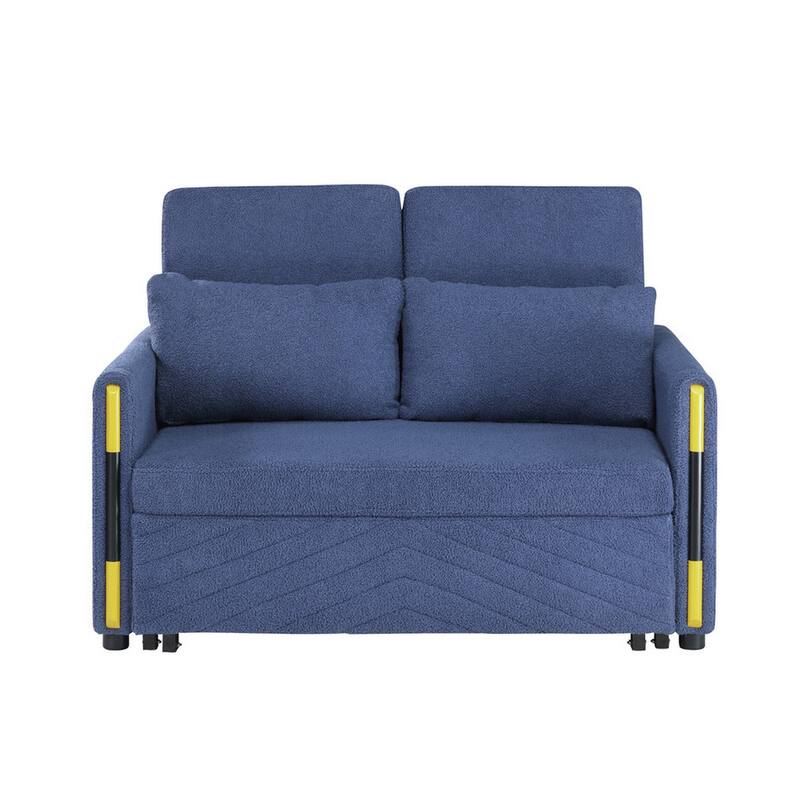 Pcy 56 Inch Sleeper Loveseat with Side Pockets, Blue Teddy Velvet, Wood