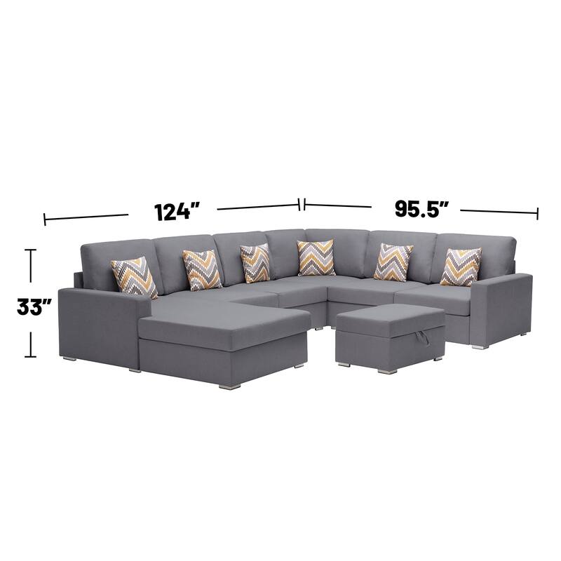 Linen Fabric 7 Piece Reversible Chaise Sectional Sofa with Interchangeable Legs, 7 Pillows and Storage Ottoman