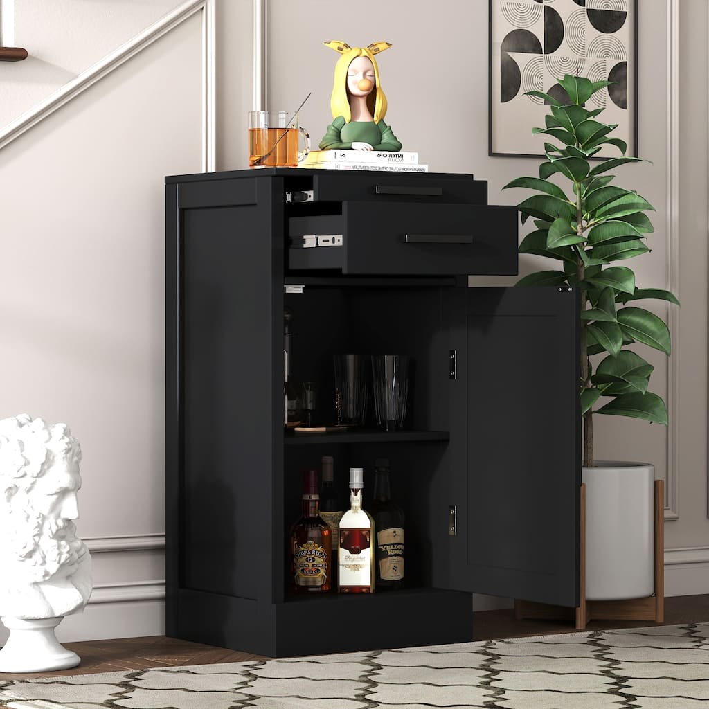 Anmytek Black Bar Cabinet with Drawers and Adjustable Shelf Modern Home Bar Storage