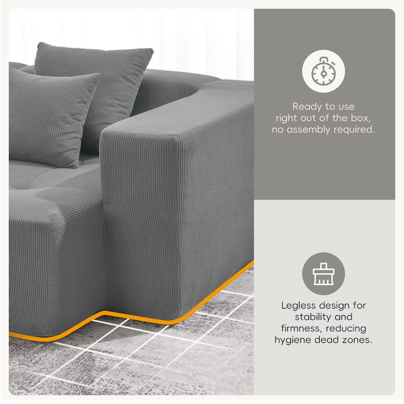 105.5'' L Shaped Modular Sofa, 3 PC Free Combo, No Assembly, Gray Corduroy, Living Room