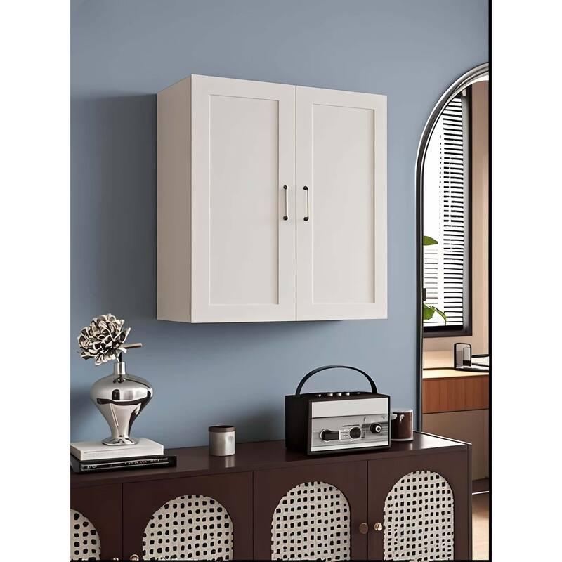White Solid Wood Double Door Wall Cabinet 2 Doors and 3 Shelves for Kitchen Storage, Adjustable Shelves (24"W×12"D×42"H)