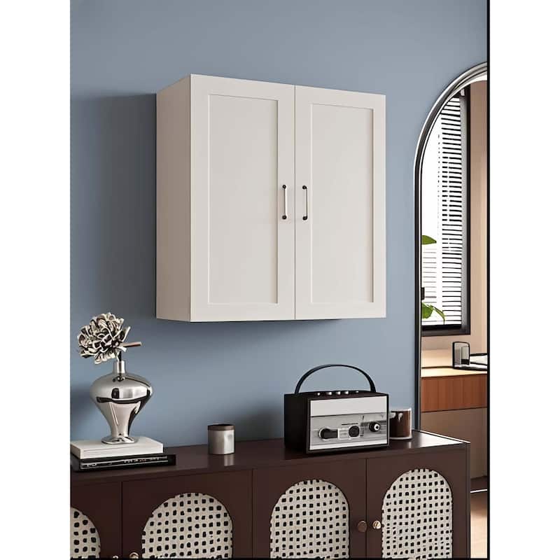 White Solid Wood Double Door Wall Cabinet 2 Doors and 3 Shelves for Kitchen Storage, Adjustable Shelves (27"W×12"D×42"H)