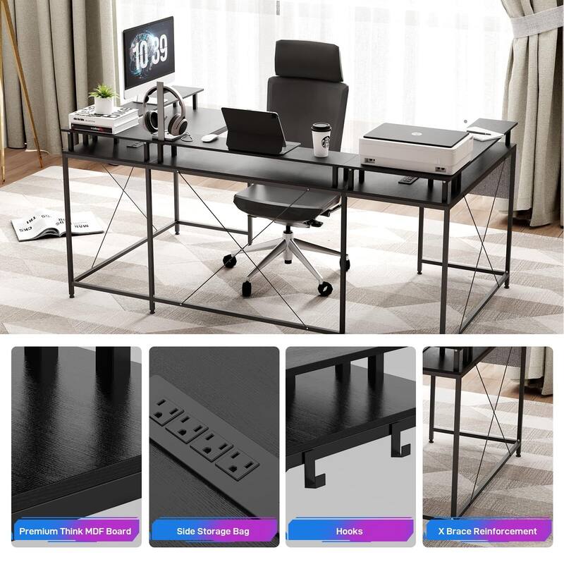 79" U Shaped Computer Desk with Power Outlets,Storage Bag, Hooks