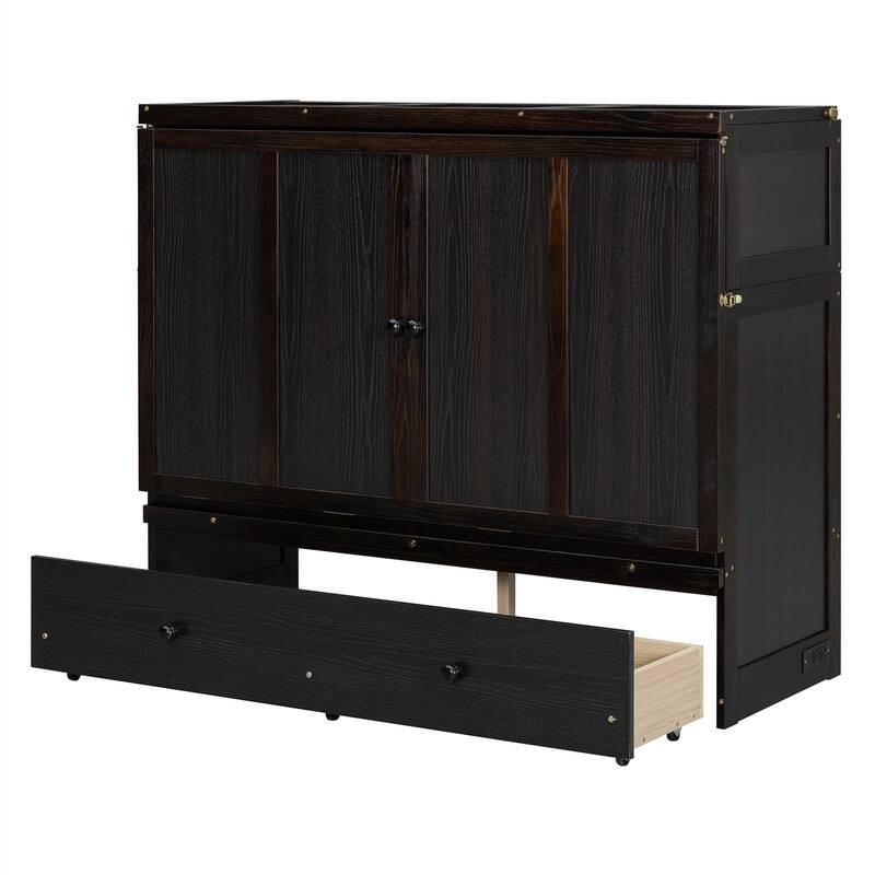 Full/Queen Size Murphy Bed Wall Bed with a Large Storage Drawer and USB Port, Solid Wood Murphy Cabinet Bed, Space Saving Design