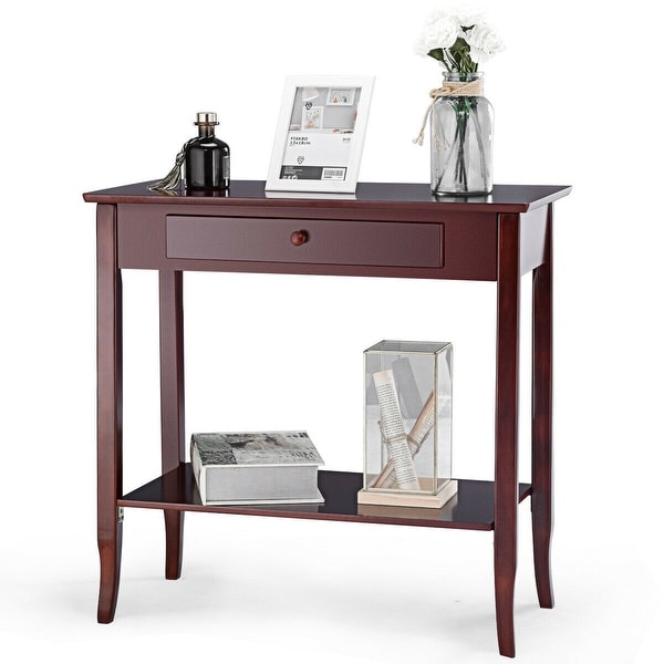 Gymax Console Table Classic 2 Tier Porch Table Lower Shelf Drawer Cherry Color