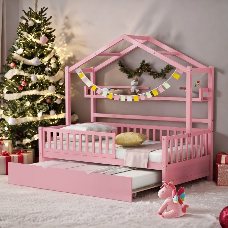 Pink Roof Wooden Twin Size House Bed with Trundle Kids Bed with