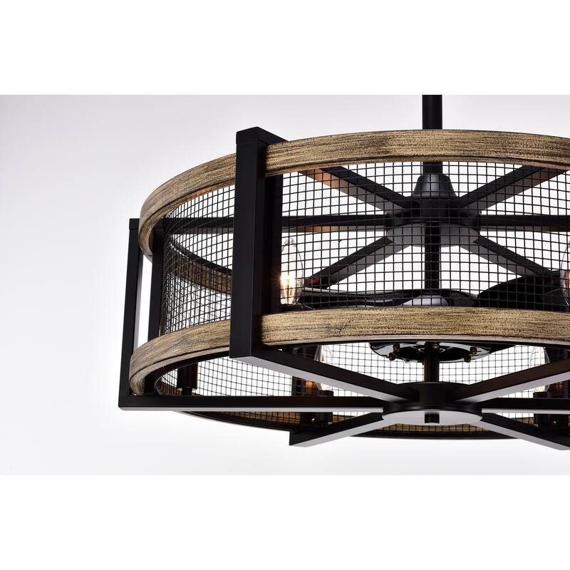 Samual Wood Grain Ceiling Fan 31-Inch 6-Light Geometric Metal Drum Shade (Includes Remote)
