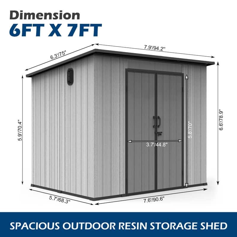 Domi Outdoor Resin Storage Shed, Waterproof Plastic Garden Shed with Lockable Door, Windows & Vents, Outside Tool Storage Shed
