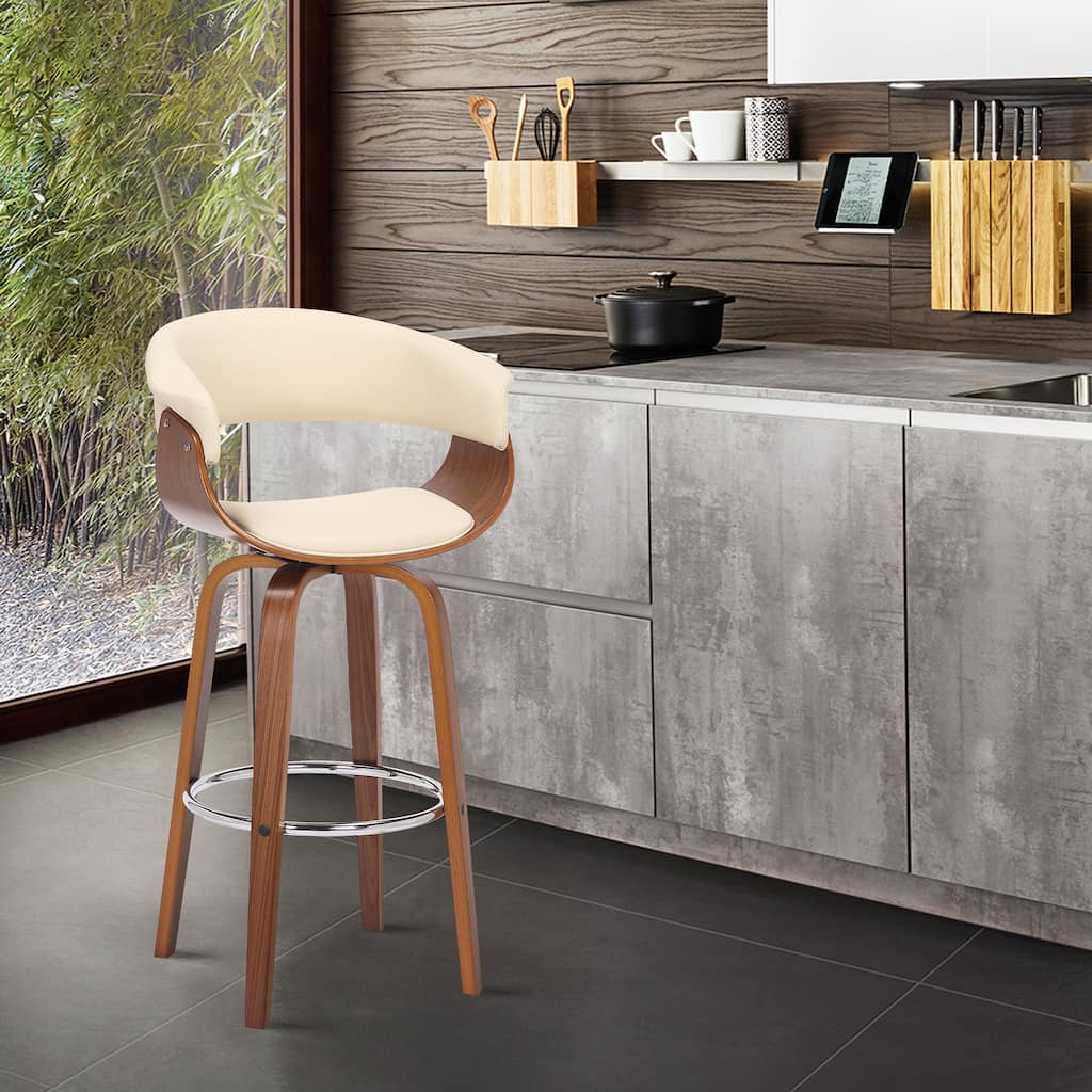 Julyssa Mid-Century Modern Faux Leather and Wood Swivel Bar or Counter Stool