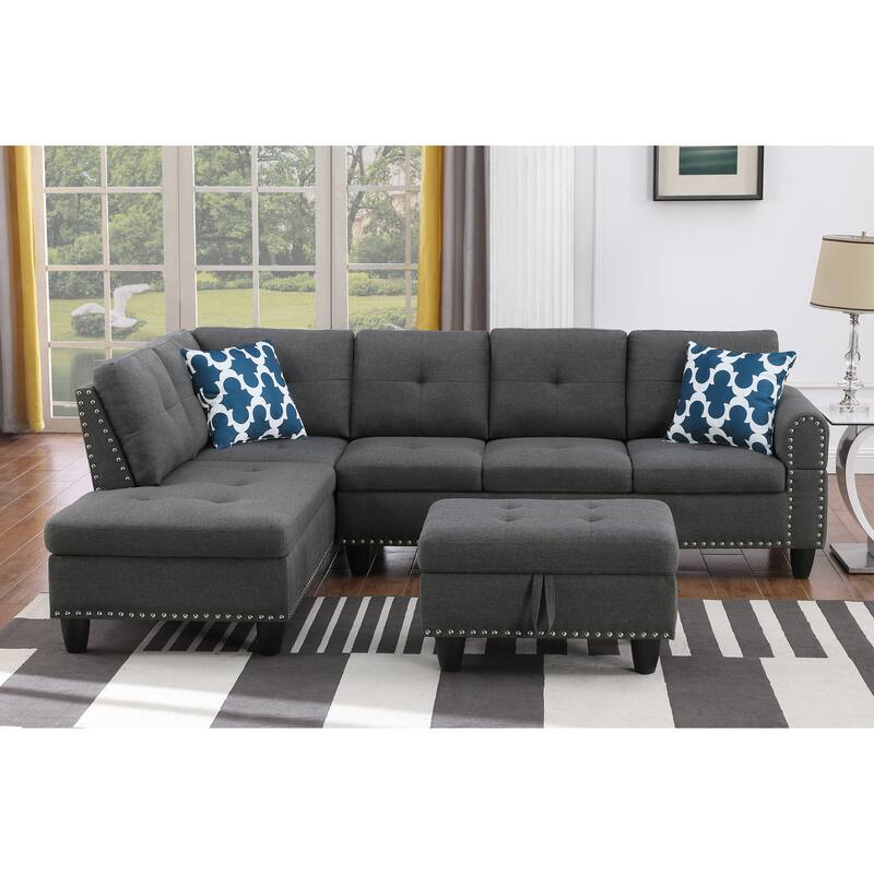 98" Wide Left Hand Facing Sofa & Chaise with Ottoman in Dark Gray Linen