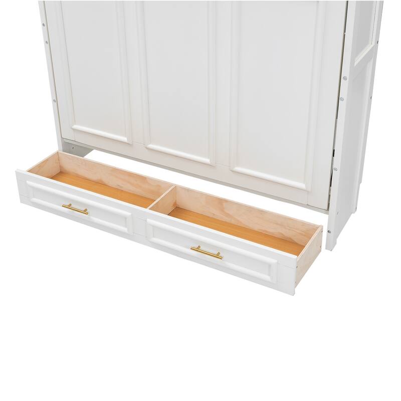 Full Size Murphy Bed with 2 Storage Drawers and Folding Wardrobe, Beige