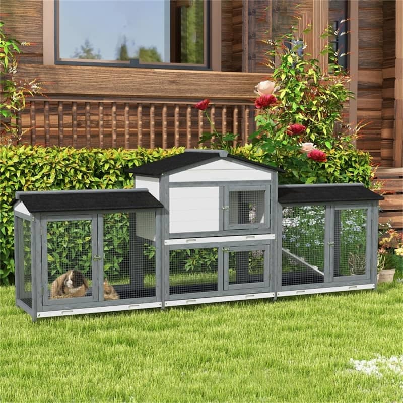 Outdoor Wooden Bunny Hutch with Run Boxes and Asphalt Roof Ramp and Removable Trays for 2-4 Rabbits