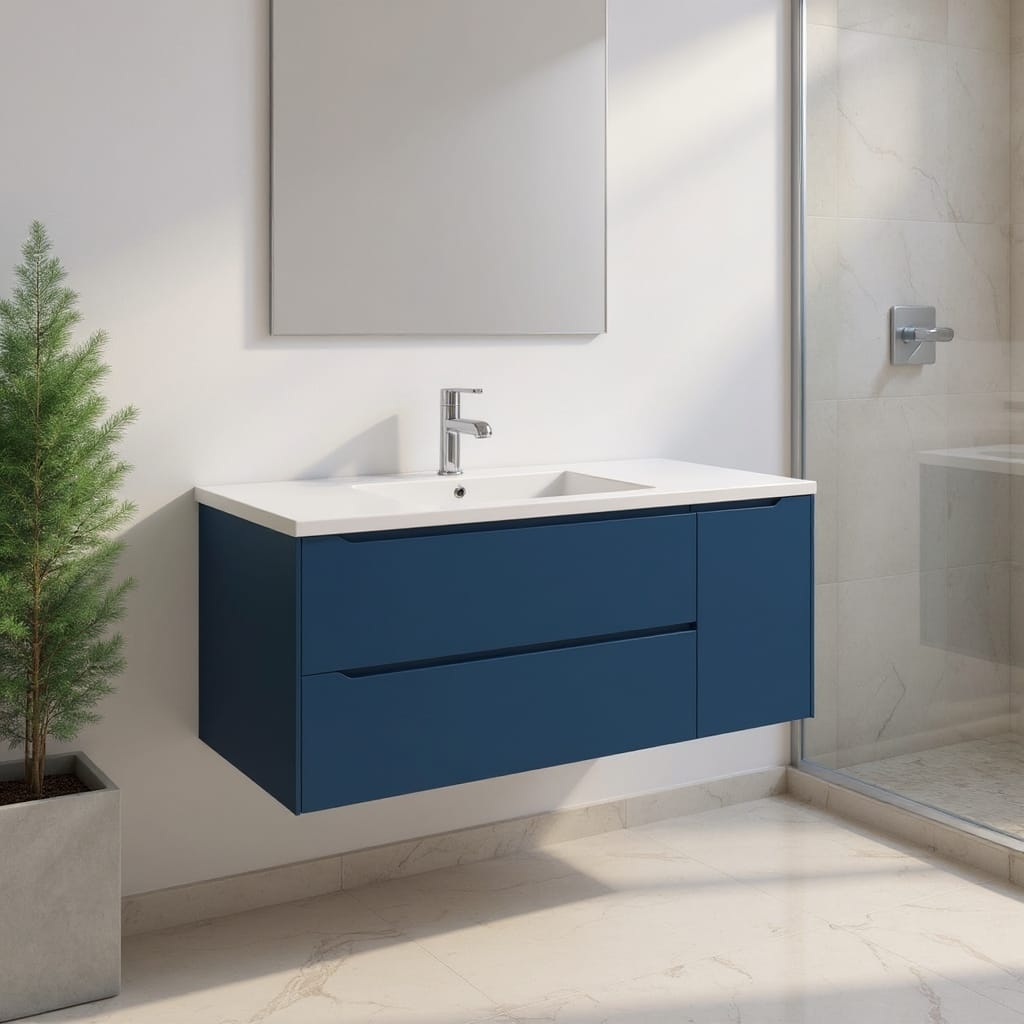 HomeRoots 48" Blue Wood Floating Bathroom Vanity With White Sink And Two Drawers - 48.00 in. x 18.00 in. x 19.00 in.